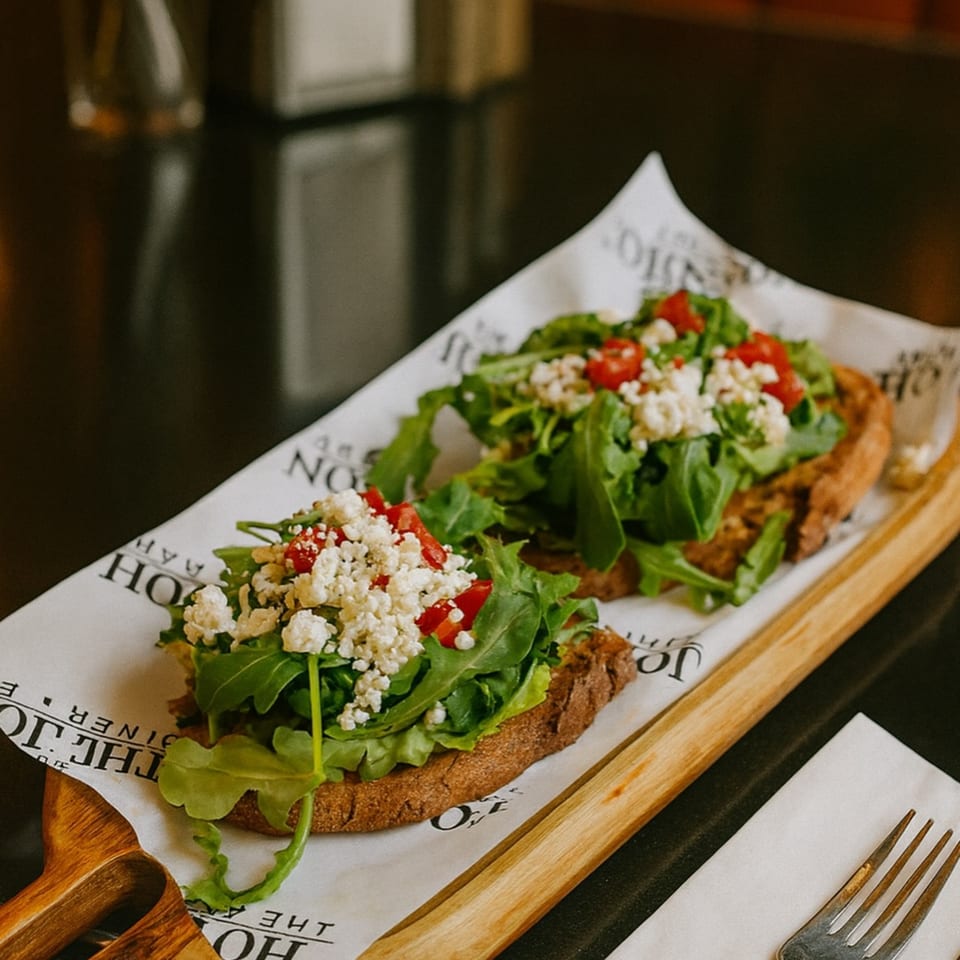 Two bruschetta with arugula, crumbled cheese, and diced tomatoes on a wooden board at The Johnson Diner & Bar.