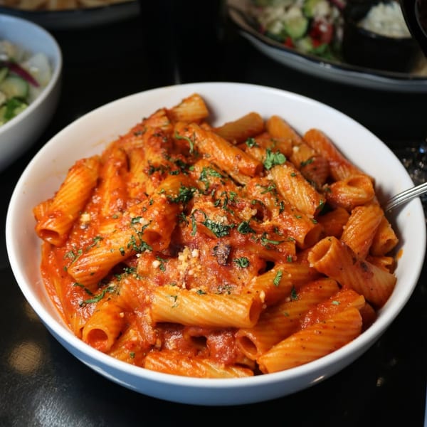 A white bowl of rigatoni pasta with red sauce, parmesan cheese, and fresh parsley.
